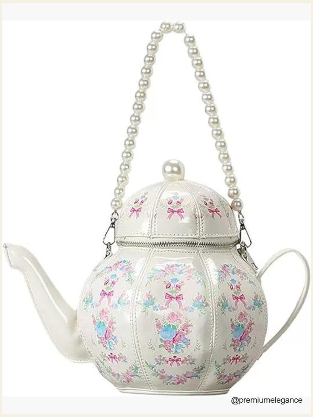 Novelty Teapot Shaped Handbag Crossbody Shoulder Purse Floral Pearl Chain